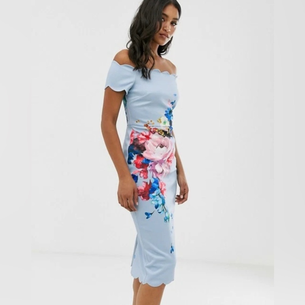 Ted Baker London Powder Blue Floral Off-Shoulder Midi Dress - Picture 3 of 15